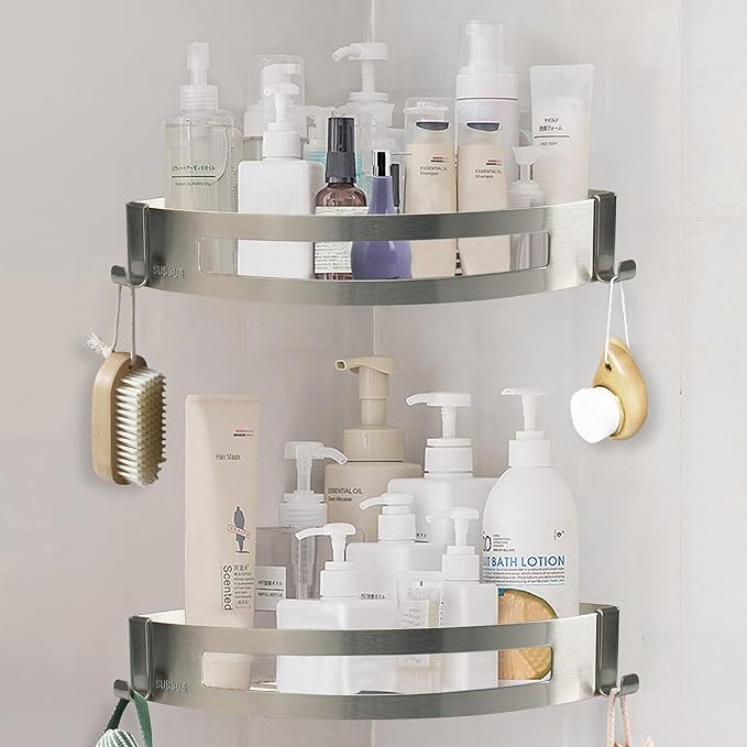 NearMoon Bathroom Shower Caddy 2 Pack, 304 Stainless Steel Shower Organizer with 2 Hooks, No Drill (Corner Shelf, Brushed Nickel)