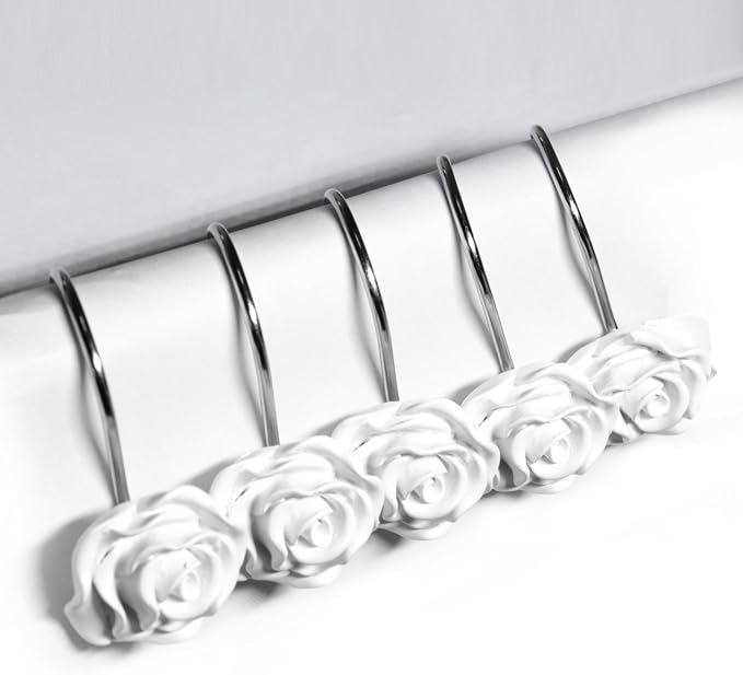 BEAVO Shower Curtain Hooks, Home Decorative Rustproof Shower Curtain Hooks Resin Rose Flower Shower Hooks Rings for Bathroom Shower Rods Curtains,Set of 12 Hooks (White) | White Flower Shower Curtain Ring - Stainless Steel Shower Ring Hook with Resin F...