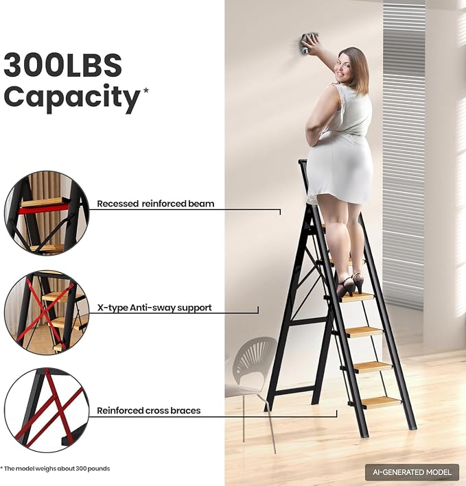 6 Step Ladder, Lightweight Folding Step Stool, Black+Wood Grain | Reach 12ft;Anti-Slip 7.9'' Wide Pedal;Portable Handrail;Space-Saving;For Kitchen, Home, Library, Office Use;300lbs Capacity