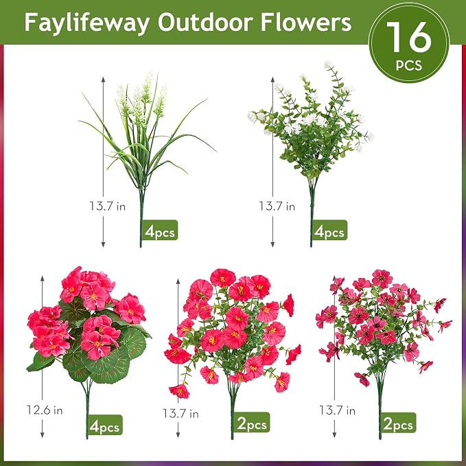 16 Bundles UV Resistant Silk Artificial Outdoor Flowers for Window Box | Mixed Color Realistic Anti-Fade Faux Flowers for Outside Planters,Garden,Porch,Patio,Yard,Home Decor(Hot Pink)
