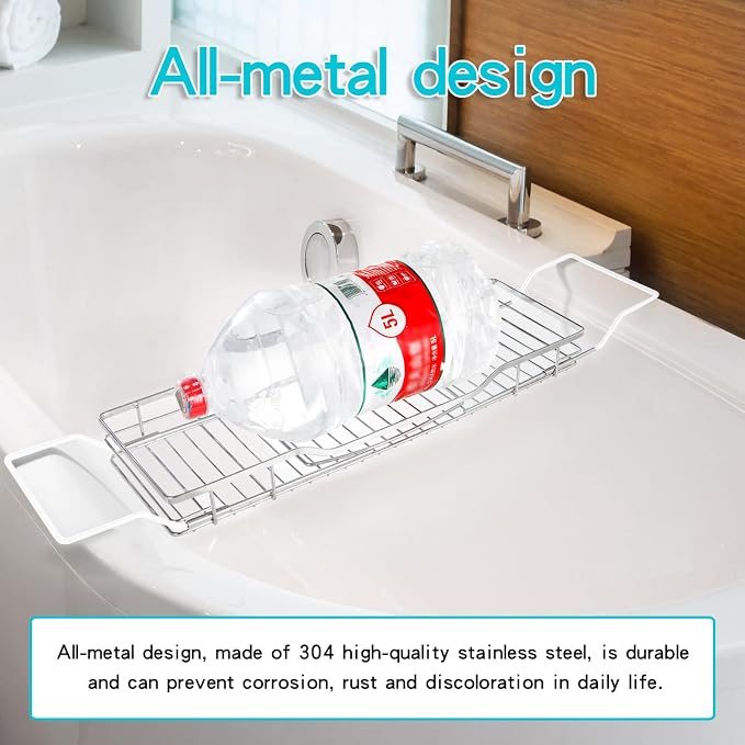 YQh Adjustable Tub Rack, 304 Stainless Steel Bathroom Tray, Multi-Function Tub Organizer with Adjustable Reading Rack, for Tablet or Cell Phone