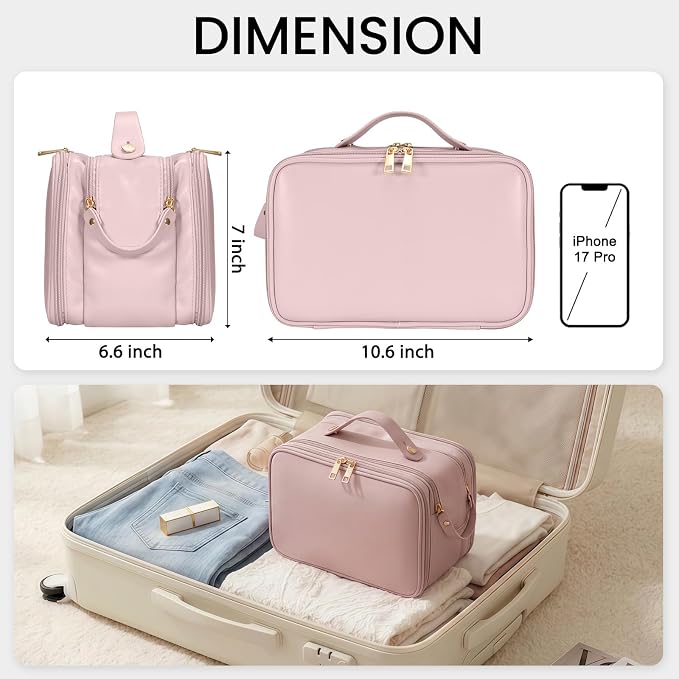 HauteHues Travel Makeup Bag Women's Large Capacity Cosmetic Portable Organizer Large Opening Waterproof Storage Toiletry Bags Vertical Free-Standing Brush Holder for Easy Access Pink