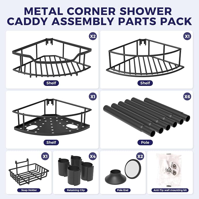 Corner Shower Caddy Tension Pole, 4-Tier Fan-Shaped Adjustable Rustproof Bathroom Organizer Shelves, 47"-125'', No-Drill Quick Installation for Inside Shower, Bathtub, Black (BLACK)