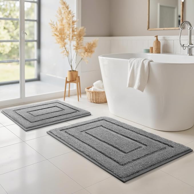 GRANNY SAYS Grey Bathroom Rugs Set 2 Piece, Non Slip Microfiber Bath Mats | Soft microfiber with TPR backing, fast water absorption, machine washable 2 piece bath rug set for Tub, Shower, Toilet
