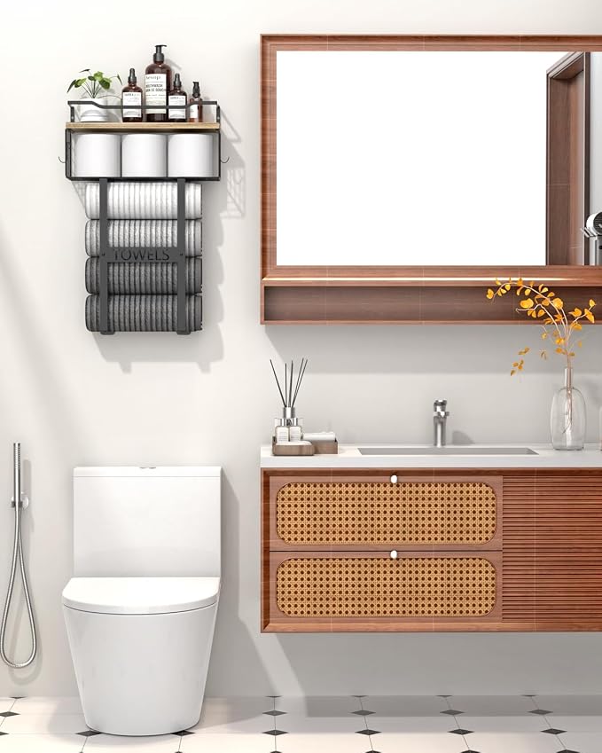 Towel Racks for Bathroom Wall Mounted - Bath Wall Towel Holder Set Above Toilet Storage, Rolled Towel Shelf Organizer for Small Bathroom, Wood Vertical Towel Rack for Bathroom Wall Decor | Towel Storage with Wood Shelf & Metal Basket,Fit for Small Bath...