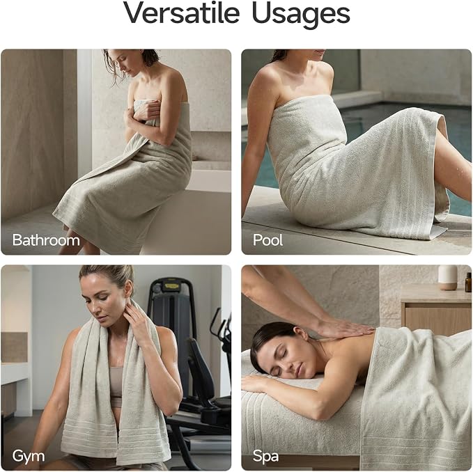 REDKISS 2 Pack Extra Large 35x70 Inch Cotton Bath Towels, Light Gray | 100% thick cotton, ultra soft & absorbent, quick dry light gray towels for bathroom, gym, spa, pool, hotel