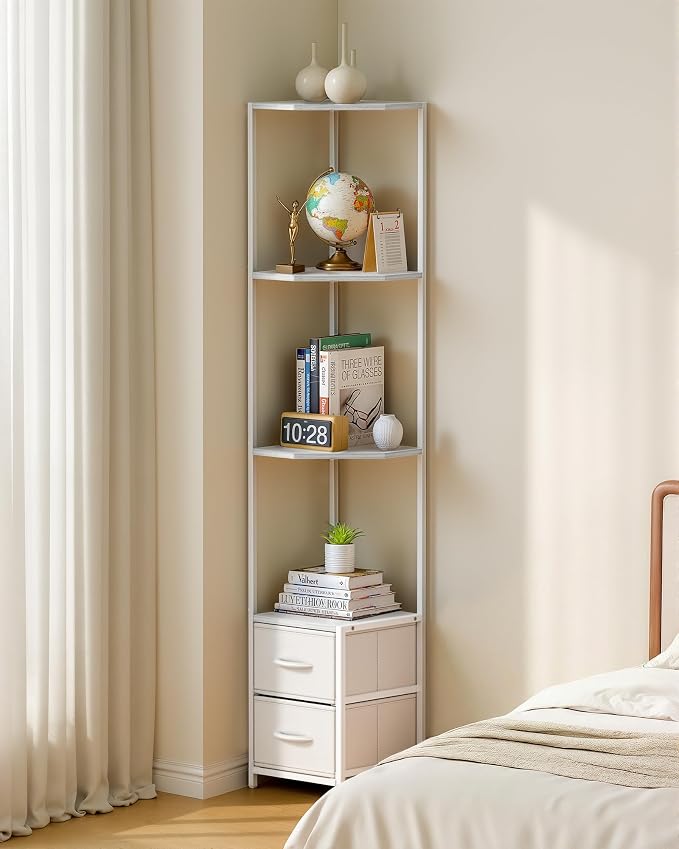 Housolution 6 Tier Corner Shelf Stand with Storage and Fabric Drawers,White | 63.4'' Tall Narrow Corner Bookshelf, Freestanding Corners Storage Shelf for Living Room Bedroom Small Space
