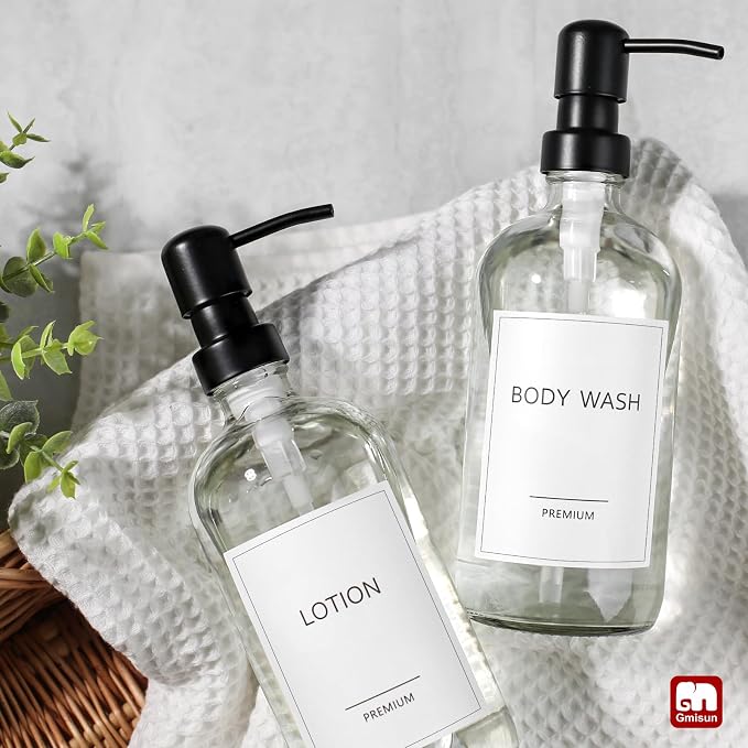 GMISUN Glass Soap Dispenser with Pump, 4 Pack Clear Bathroom Hand Soap Dispenser with Stainless Steel Pump, 17 Fl Oz Refillable Kitchen Hand and Dish Soap Dispensers Set, Modern Liquid Pump Bottles