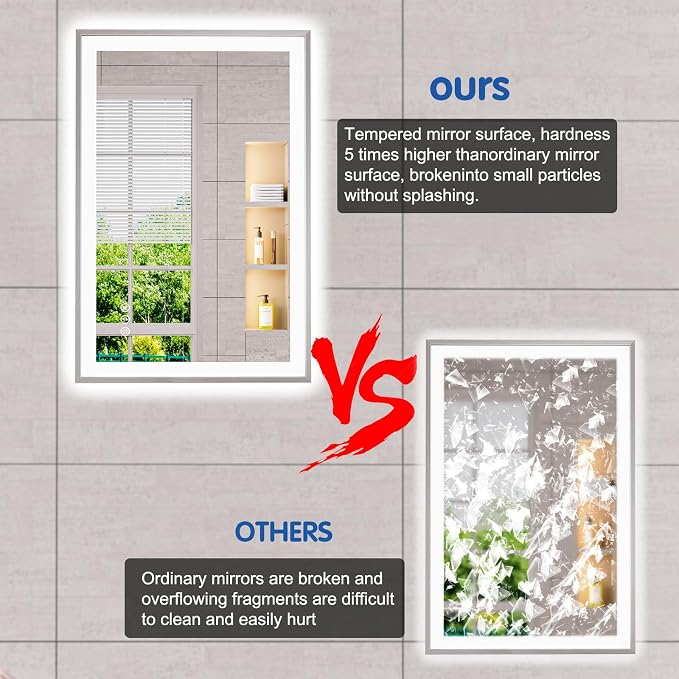 28x36 Inch Silver Frame LED Mirror for Bathroom | Silver Metal Frame, Front and Backlit, 3 Colors, Dimmable, Memory, Anti Fog, Tempered Glass, Lighted Mirror for Wall