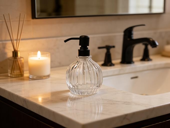Round Soap Dispenser Bathroom with Black Pump, Glass Pump Bottle with Stainless Steel Pump Liquid Sphere Soap Dispenser Circular Countertop Kitchen