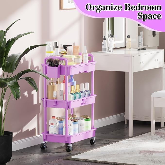 SUNALLY 3 Tier Rolling Cart with Drawer,Craft Storage Cart Organizer,Purple | Bathroom Storage Organizer with 2 Lockable Wheels, Rolling Utility Cart for Kitchen, Office, Baby, Makeup, Nail,Snack,Laundry