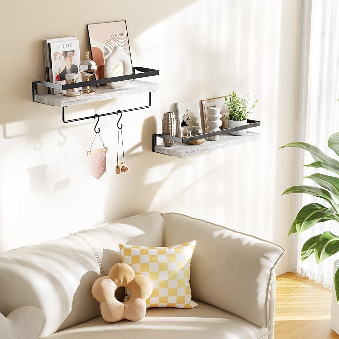 Amada Bathroom Shelves with Towel Bar, Set of 2, White | Floating Shelves with Detachable Towel Bar, Protective Metal Guards, Paulownia Wood, Bathroom, Living Room & Kitchen Storage