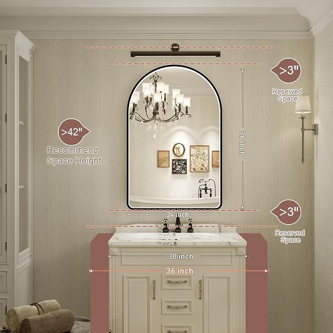24X36 Inch Black Framed Arched LED Mirror for Bathroom with Lights | ETL Listed,Anti-Fog,3000K/4500K/6000K Dimmable,Horizontal & Vertical,Memory Function,Ideal for Bathroom Lighted,Vanity