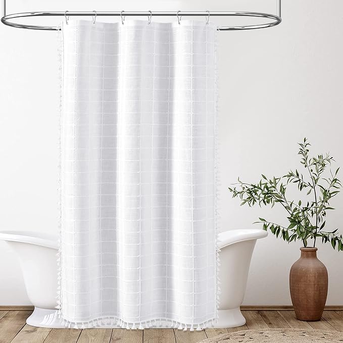 Stall Boho Farmhouse Linen Heavy Duty Shower Curtain Set, 36x72, White | Half Size, 330GSM Linen Blend, 3-side Tassels, Water Repellent Fabric, 6 Plastic Hooks, Rustic Bohemian, Machine Washable