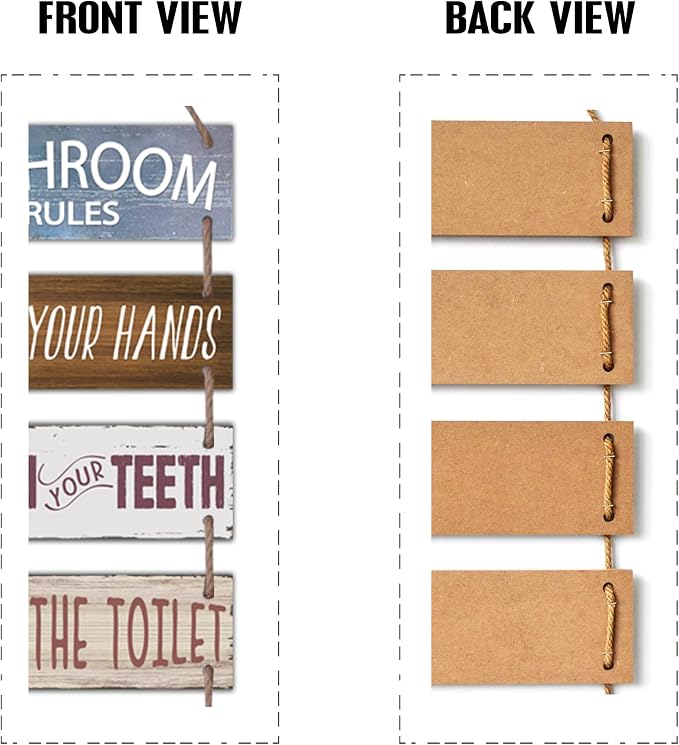 Yudarte Large Bathroom Rules Wall Hanging Sign with Jute - 6pcs Wooden Decor Wall Art Plaque for Toilet Restroom 38x12 Inches