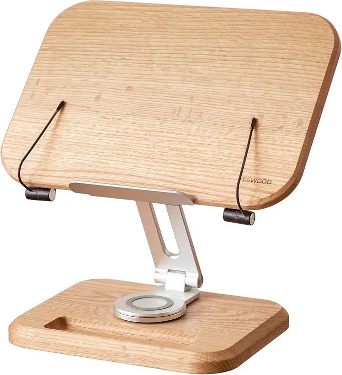 Solid Oak Wood Bookshelf, Adjustable Book Stand, 360° Rotatable Foldable Laptop & Cookbook Holder for Bedroom Office Study