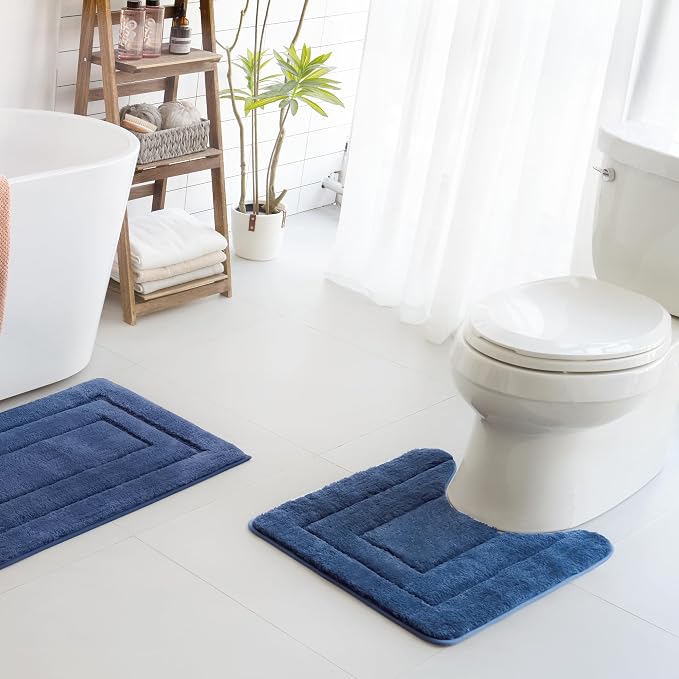 GRANNY SAYS Blue U Shaped Toilet Rug 20" x 24", Non-Slip Bath Mat | Soft microfiber, TPR backing, absorbs water quickly, machine washable, fits around most standard toilet bases