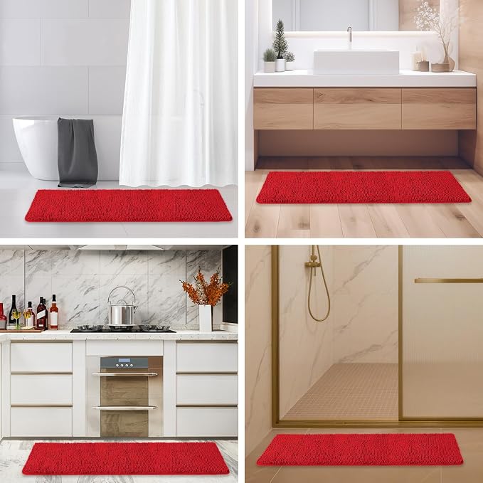 Bathroom Runner Rug 47 x 17 Inch – Long Bath Mat | Absorbent and Washable Thick Chenille Bath Rug Non-Slip Runner Rug for Bathroom, Shower, Sink(Red)