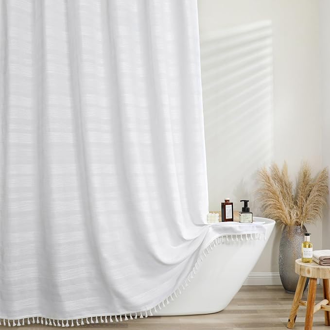 White Boho Shower Curtain 72 Inch Long, Modern Farmhouse Rustic Striped Fabric Shower Curtain with Tassel, Heavy Duty Vintage Country Bathroom Decoration, 72Wx72L Inches