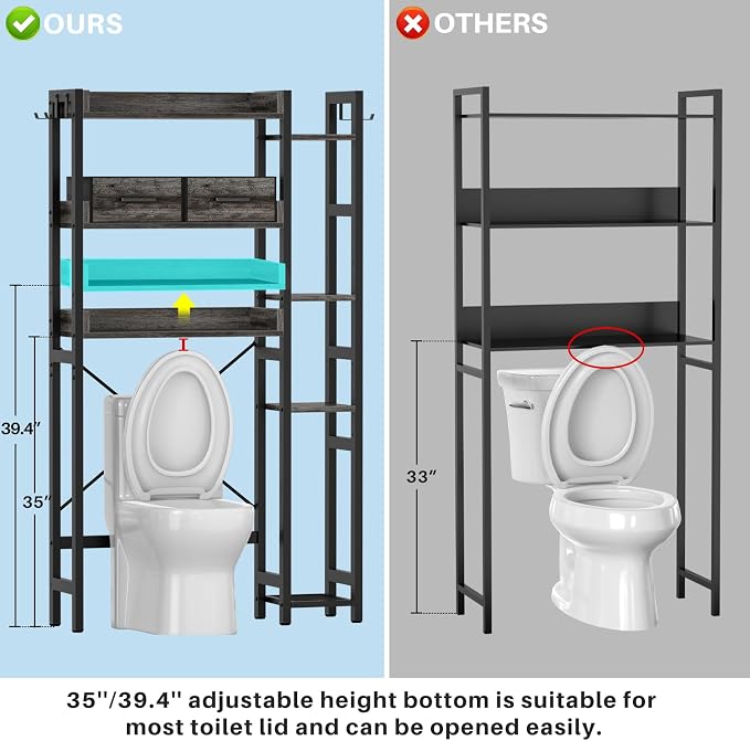 Besiost Over The Toilet Storage, 7 Tier Bathroom Organizer with Reversible Side Shelf and 2 Fabric Drawers, Adjustable Freestanding Rack Space Saver for Small Spaces, Grey Oak