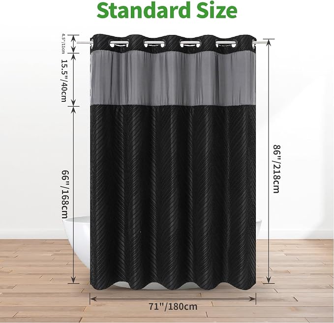 eachope no Hook Shower Curtain and Liner Set,Boho Style with See Through Top Window, Black Fabric Tufted Striped Textured Outer Curtain & Waterproof Inner Liner, DarkBlack, 71Wx86H