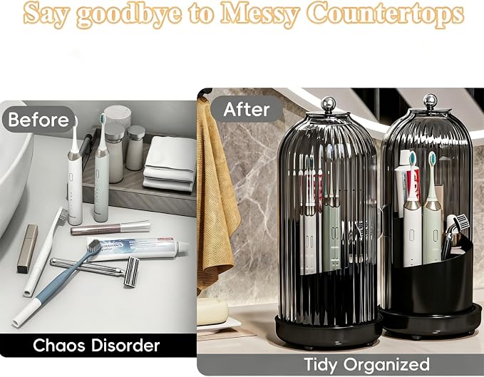 Drainable Toothbrush Toothpaste Holders with Cover, Gray Black | Drainage Holes, Waterproof and Dustproof, 360° Rotating Base, Sliding Door, for Bathroom Counter