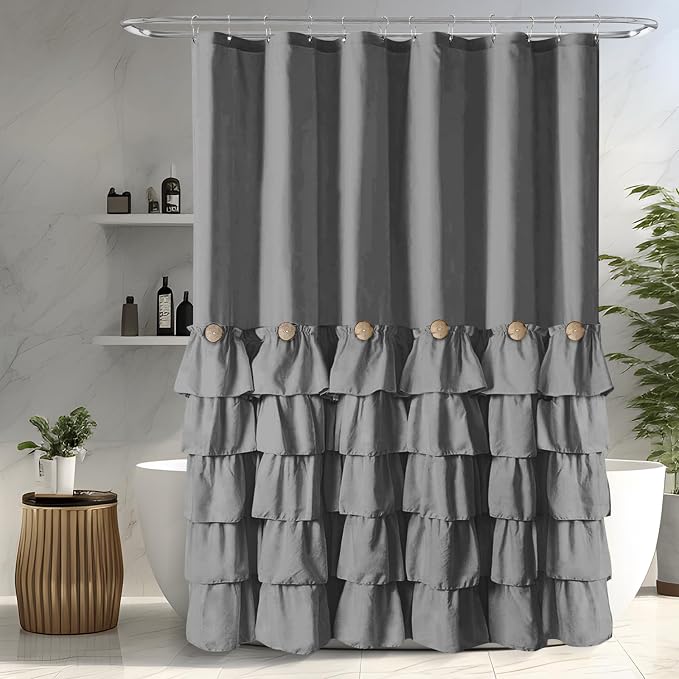 Seasonwood Grey Ruffle Shower Curtain Farmhouse Shower Curtain 72 X 72 | Natural button accents, layered fabric tiers, shabby chic and French country styling for decorative bathroom updates