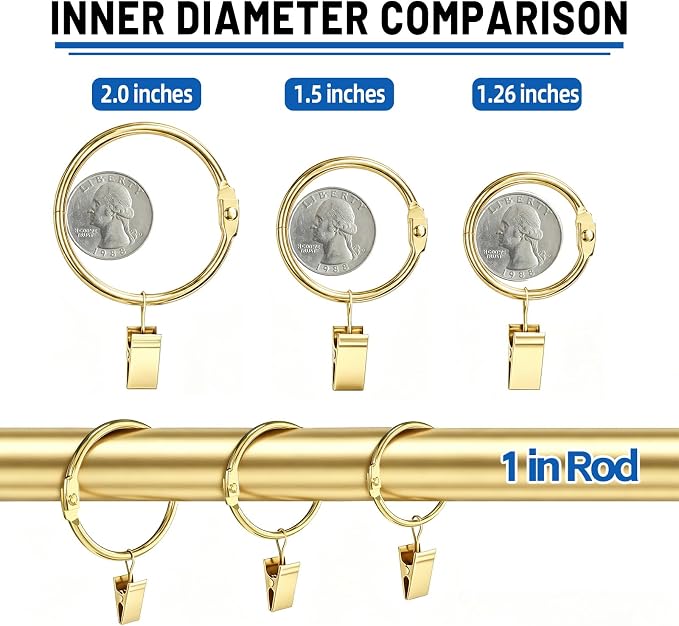 24 Pack 2 Inches Openable Curtain Rings with Clips | Drapery Metal Clip Iron Drapes Hangers Decorative for Windows Rods Rustproof, Gold