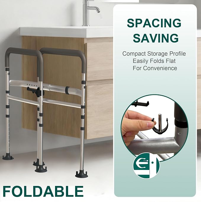 Toilet Safety Rails(350LBS), Adjustable Toilet Frame with Handles for Seniors, Elderly & Disabled, Foldable Toilet Grab Bars with Tissue Holder & Storage Bag,Fit Any Toilet, Gray