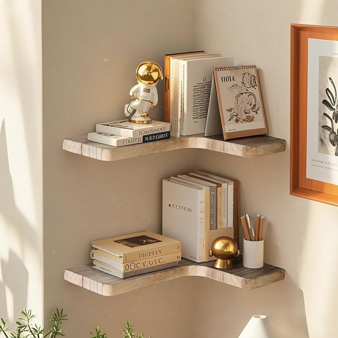 Floating Corner Shelves, Wall Shelf Set of 3, Shelves for Wall Storage, Solid Wood Shelves for Storage, Wall Mount Wooden Display Shelf for Bathroom Bedroom Kitchen Garage (Light 3Pcs)