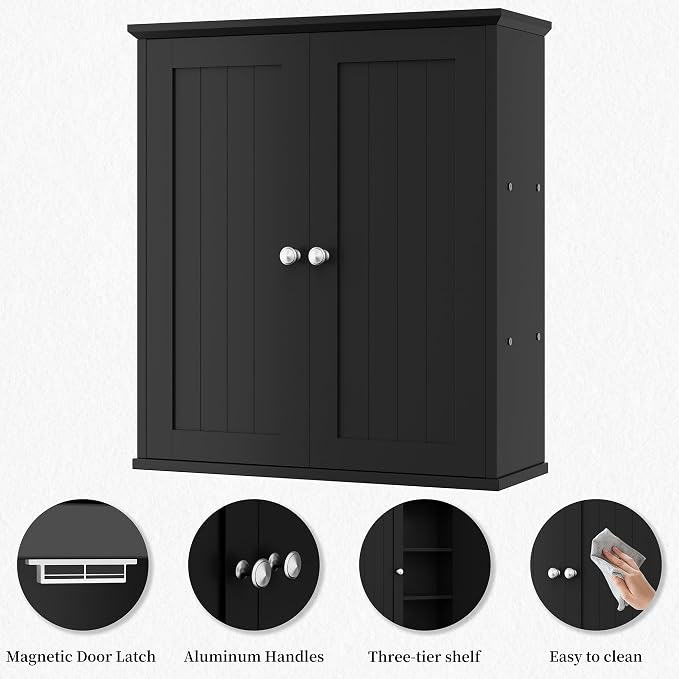 Shintenchi Bathroom Wall Medicine Cabinet, Storage Organizer, 2 Pcs, Black | Bathroom Storage Organizer Cupboard, with 2 Magnet Door and 3-Tier Shelves, Space Saving, Easy to Assemble & Clean
