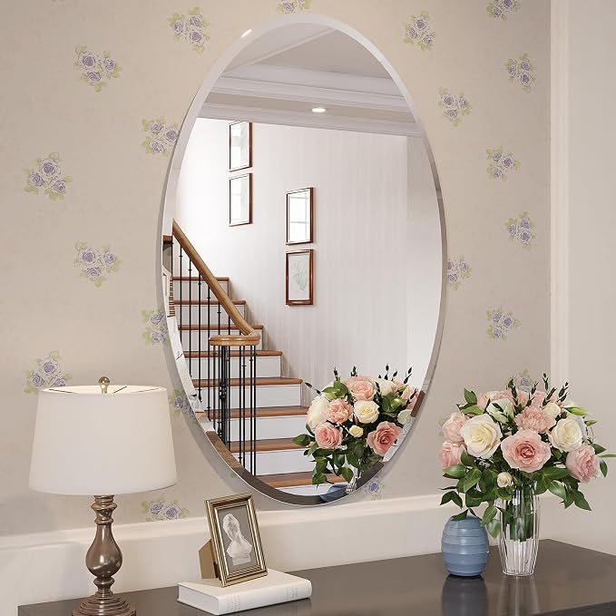 Frameless Oval Mirror, 24x36 Inch Beveled Bathroom Mirrors for Over Sink, Tempered Glass Oval Mirrors for Vanity, Living Room, Bedroom, Entryway