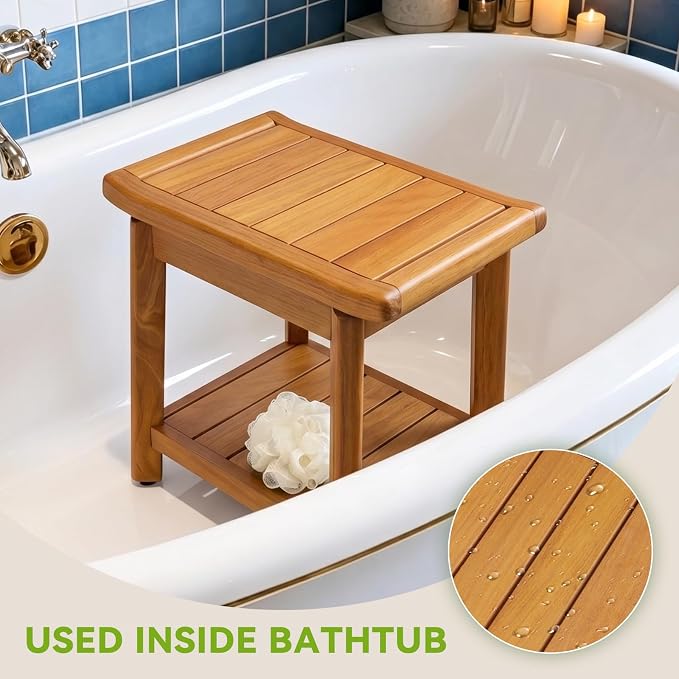 Teak Shower Bench for Inside Shower, Waterproof Wooden Shower Stool | Shower Stool with Storage Shelf, Non Slip Bathroom Seat for Safe Bathing & Daily Support, Compact Spa Shower Bench (14 Inch)