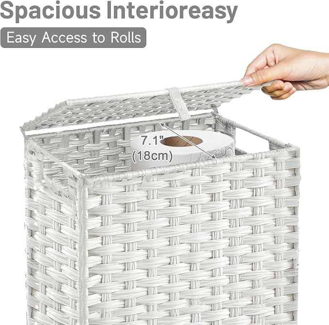 Hiagnete Toilet Paper Storage Basket with Lid and Wheels, Rattan Toilet Paper Holder Storage, Toilet Paper Organizer for Bathroom, Bedroom, Kitchen, 12.6”L x 7.1”W x 17.14”H, White