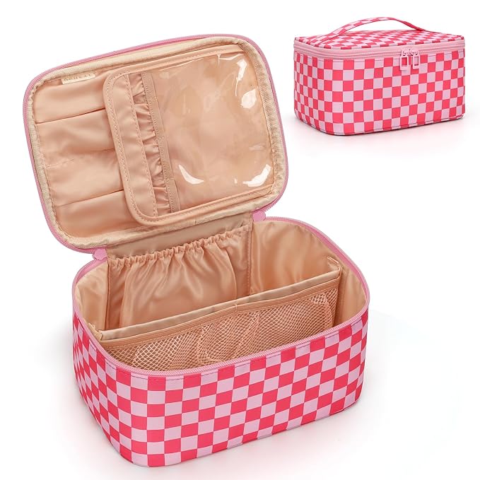 Makeup Bag Portable Cosmetic Bag For Women, Large Capacity Travel Makeup Case Organizer, Toiletry Bag for Girls Traveling With Handle and Divider-Pink