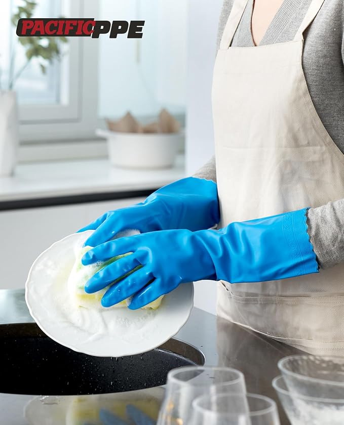 2 Pairs Cleaning Gloves, Cotton Liner, Purple+Blue, Small | Waterproof dishwashing gloves with non-slip grip, Latex-Free, flexible fit for kitchen, bathroom, laundry & cleaning