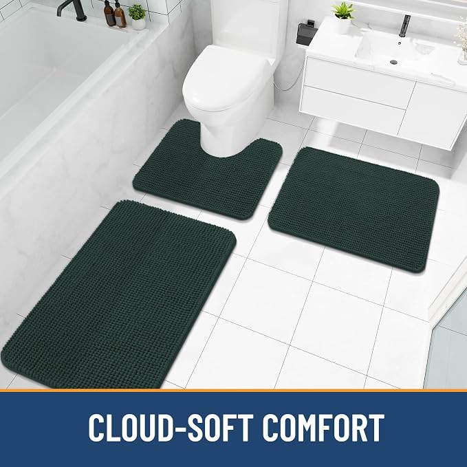 Arotive Chenille Bathroom Rugs 24x16, Soft Absorbent Bath Mat, Dark Green | Rubber Backing, Machine Washable Dry Bath Mats for Bathroom Floor, Tub and Shower, Home Decor Accessories
