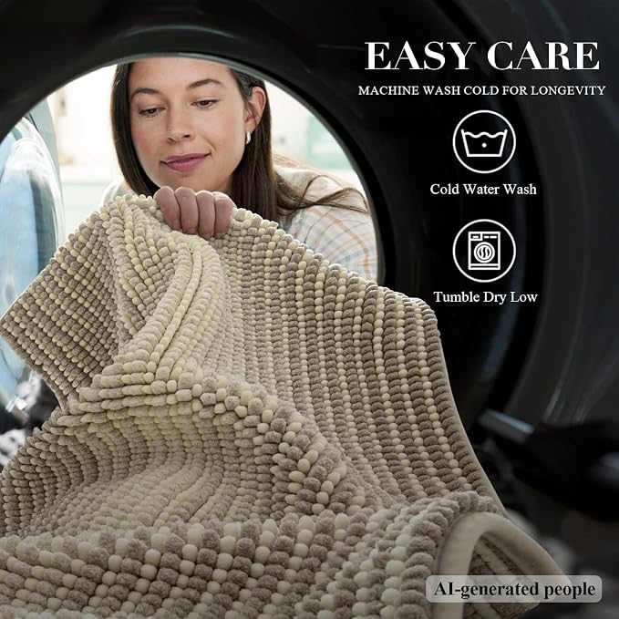 Bathroom Rugs, Bath Mat Non Slip 20 x 32 Inches Water Absorbent Chenille Floor Mats Machine Washable (Sand)