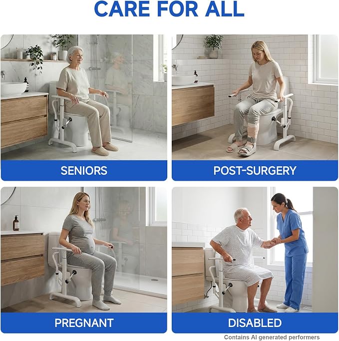 Toilet Safety Rails for Seniors, Heavy Duty Frame with Handles | 350lbs Reinforced Iron, Triple Stability with 2 Suction Cups & Rear Bar, Adjustable Height & Width