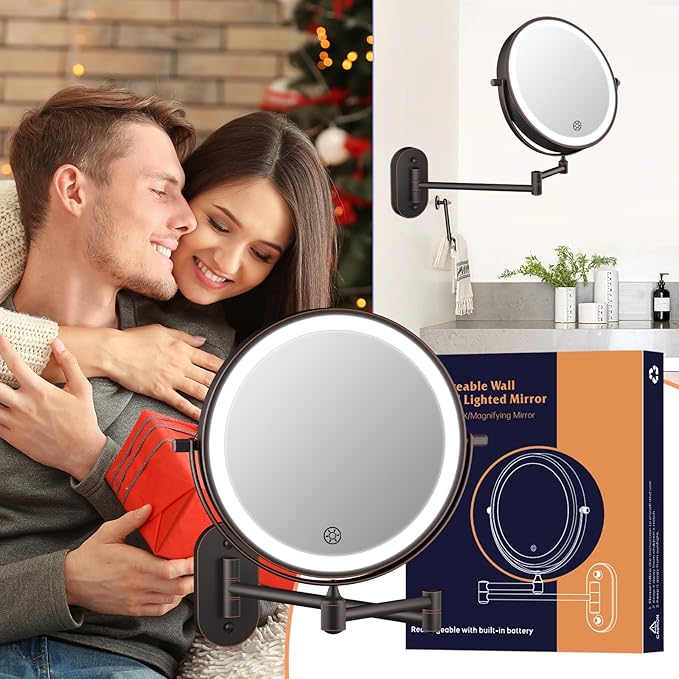 5000mAh Rechargeable Wall Mounted Lighted Makeup Mirror Double Sided 1X30X | Magnifying Bathroom Mirror, 3 Color Lighting, Touch Dimming, Extended Arm 360 Rotation Light up Mirror Antique Bronze
