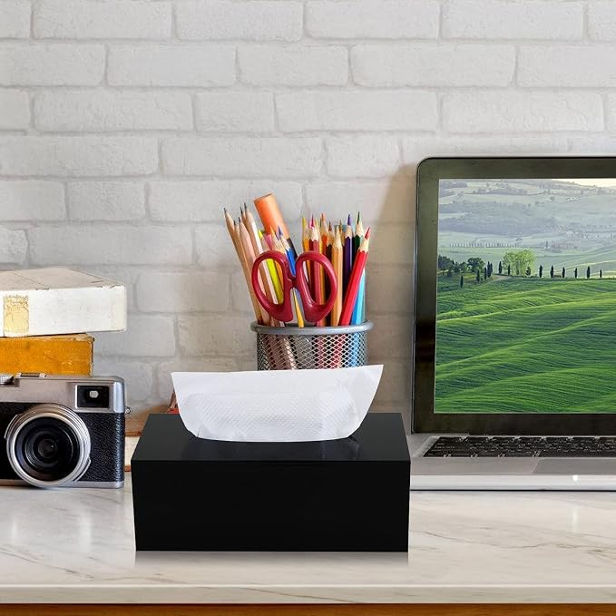 Acrylic Tissue Box Holder, PITBVO Rectangular Shiny Black Tissue Box Cover | Table Facial Napkin Dispenser for Car, Bathroom, Bedroom, Kitchen, Office, Living Room, Counter, Hotel Use