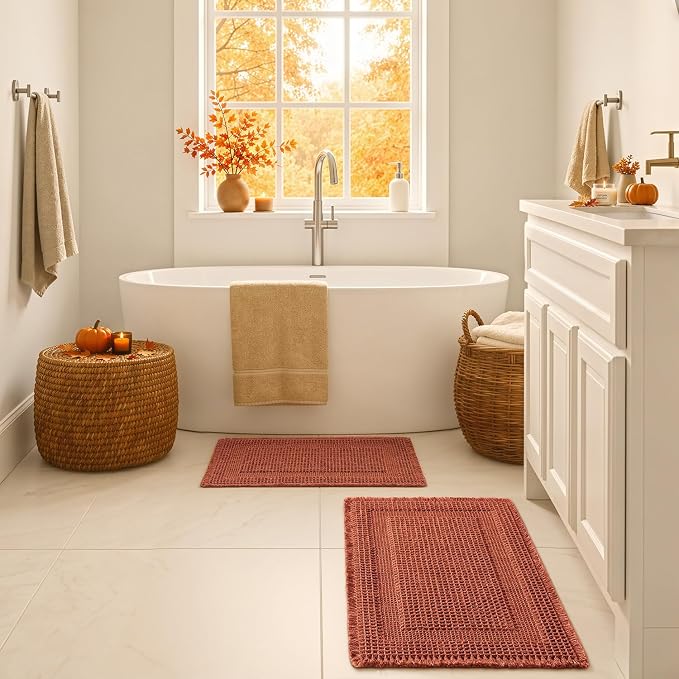 MIULEE Fall Orange Set of 2 Waffle Bathroom Rugs Boho Bath Mat 17x24+18x30 | Looped Design, Super Absorbent, Non Slip, Washable, Ultra Soft, Rubber Backed, Bathroom Mats for Floor Tub Shower, Fall decor