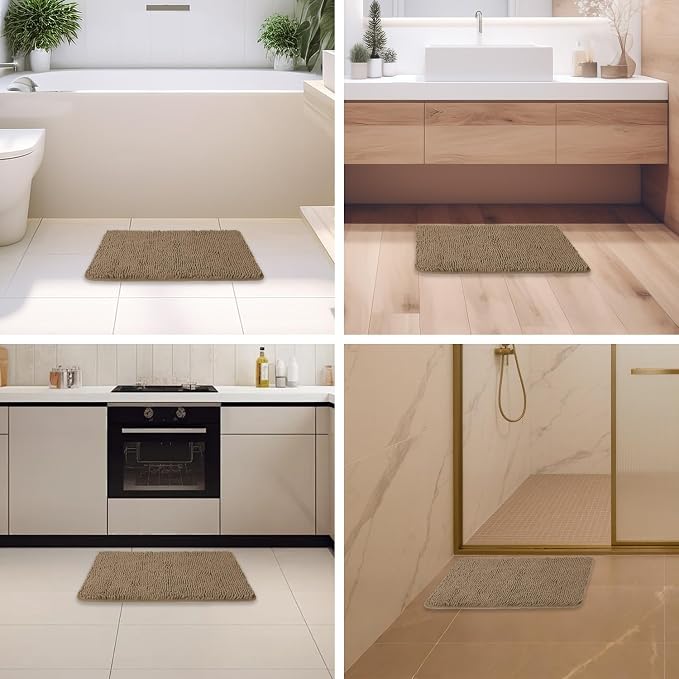 Taupe Bathroom Rugs – Absorbent and Washable Bath Mat, Non-Slip, Thick Soft Chenille Bath Rugs for Bathroom Floor, Shower, Sink - 17" x 24"