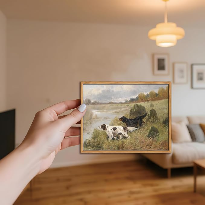 Floating Framed Vintage Hunting Dog Wall Art, Classic Countryside Landscape Canvas Print, English Setter and Gordon Setter Painting, Rustic Farmhouse Wall Decor for Living Room Study Office 8X10 inch