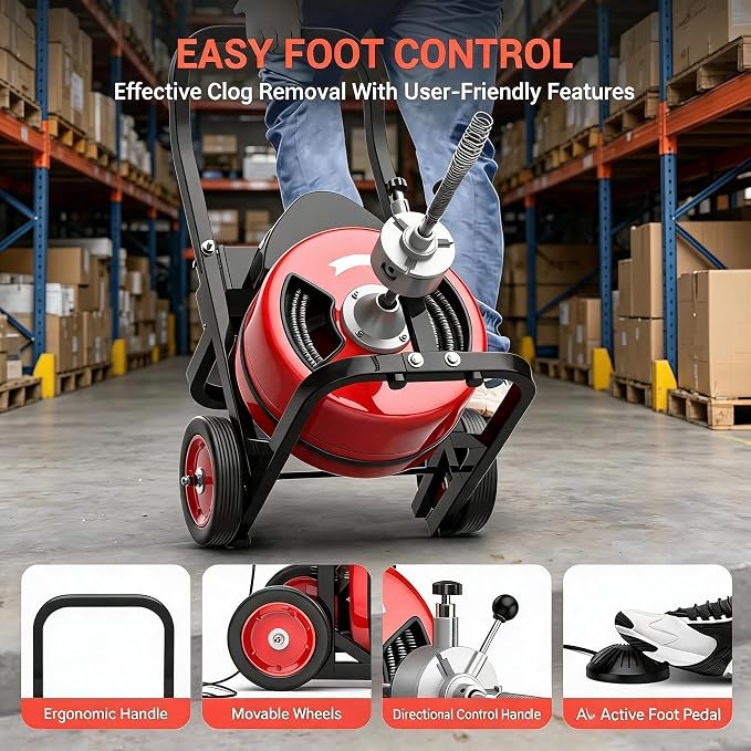 100Ft 3/4 Inch Drain Cleaning Machine. Sewer Snake 750w Auto Feed | Portable Drain Cleaning Machine with 6 Cutter Electric Drain Auger Sewer Auger Air-Activated Foot Switch for 4" to 8" Pipes
