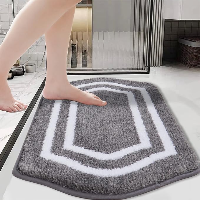 COSY HOMEER Non-Slip Bath Mat Extra Thick Absorbent Plush Washable | 17"x27" White/Grey Non-Slip Extra Thick Plush Absorbent Machine Washable Bath Mat Bathroom Rug Floor Tub Shower