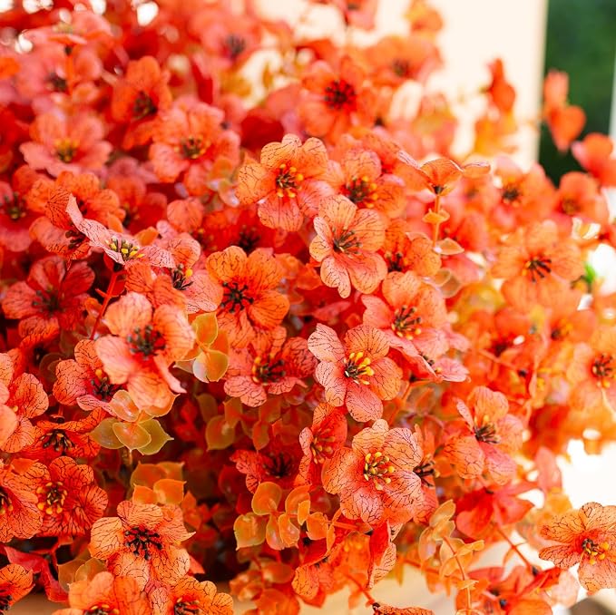 Artificial Fall Flowers Faux Mums for Outdoor Indoor Garden Home Decoration, Faux Flower Daisy with Eucalyptus Leaves Fake Mums Plants Greenery Boxwood Porch Patio, 12 Bundles (F Orange)