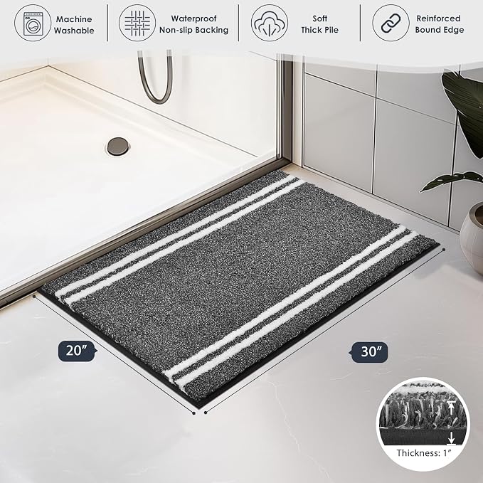 PURRUGS Bathroom Rug, Bath Mat, 20" x 30", Charcoal | Machine Washable, Non-Slip, Waterproof TPR Backing, Super Absorbent, Quick Dry, Bath Rug for Shower, Bathtub, and Sink