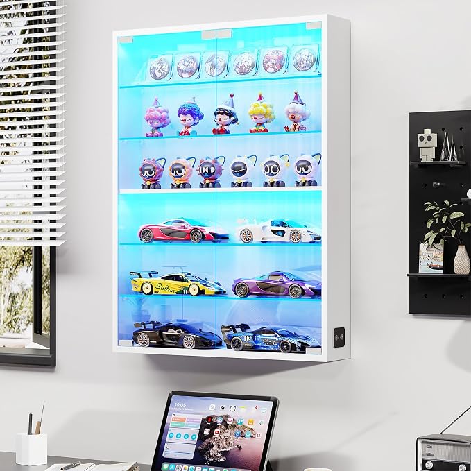 Wall Display Case with Glass Doors, Sports Card Display Case | 6-Tier, Adjustable Glass Shelves, Shot Glass Display Case for Collectibles, Display Cabinet for Trading Cards, White