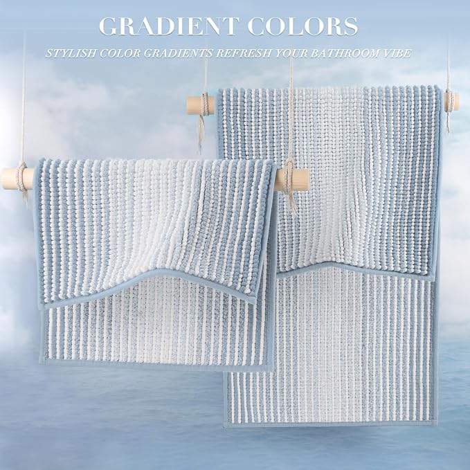 Bathroom Rugs and Mats Sets, 2 Piece Thick Absorbent Chenille Bath Mat Rug Set Non Slip, Soft Shaggy Bath Room Floor Mats for Bathroom, Machine Washable (24" x 70" Plus 20" x 32",Ice Blue)